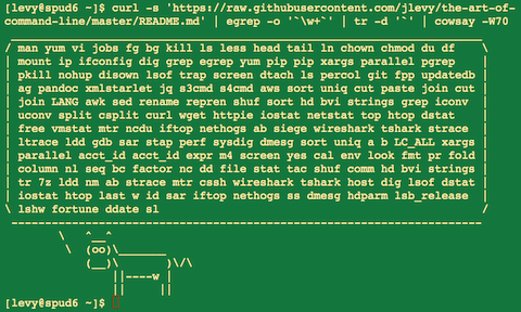 curl -s 'https://raw.githubusercontent.com/jlevy/the-art-of-command-line/master/README.md' | egrep -o '`\w+`' | tr -d '`' | cowsay -W50