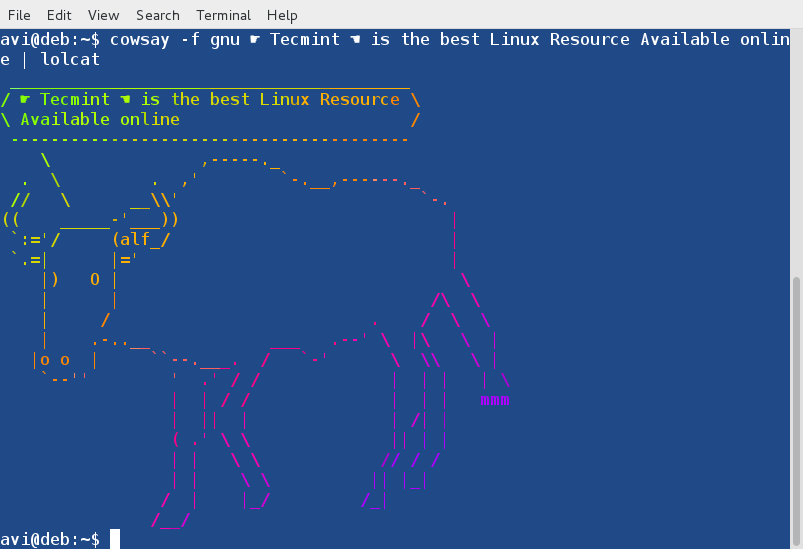 使用 Lolcat 的 Cowsay