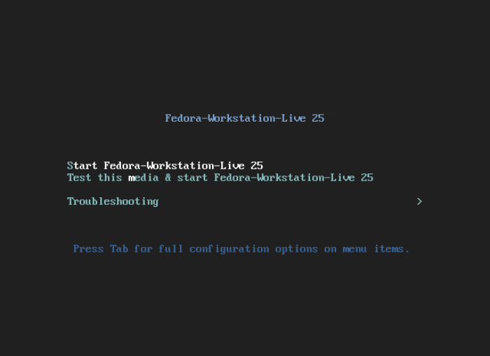 Fedora 25 Boot Menu