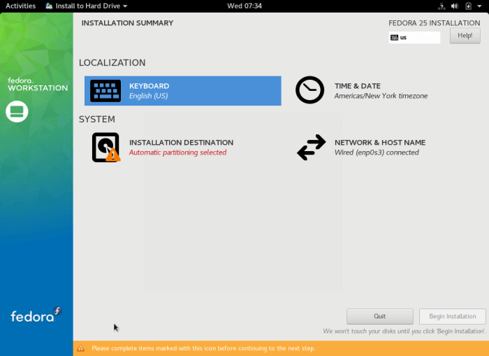 Fedora 25 Installation Summary