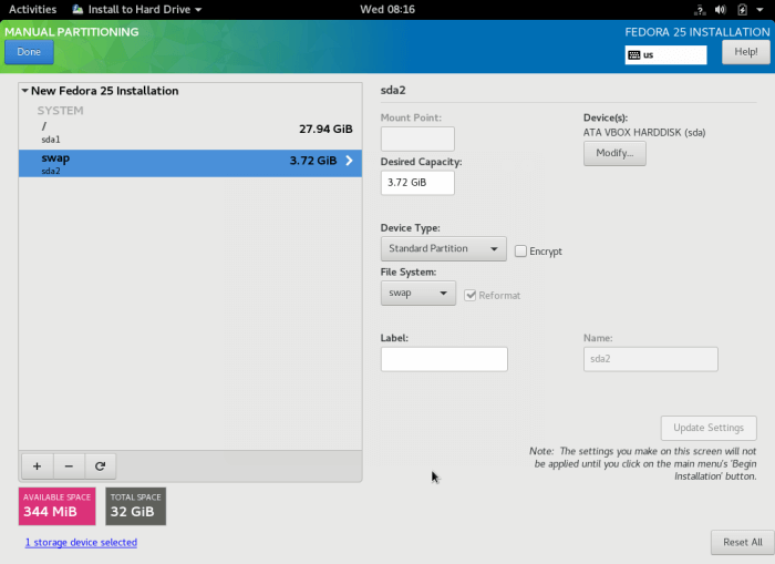 Swap Partition Settings