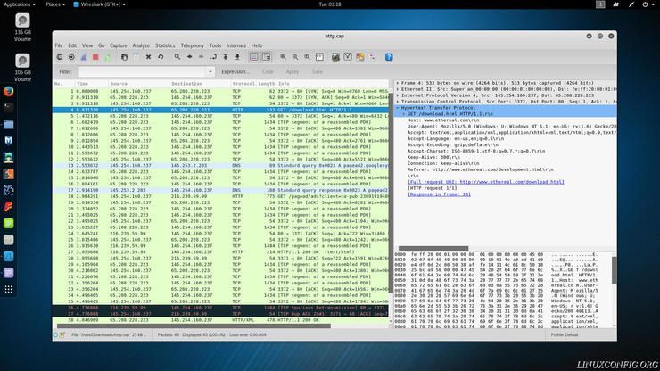 Wireshark listing HTTP packet info