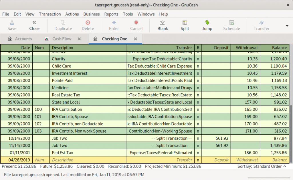 Checking account records shown in GnuCash.