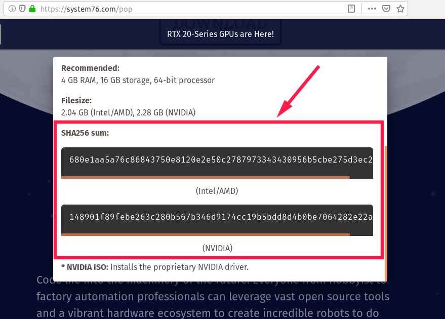 Pop os 位于其下载页面中的 SHA256 校验和