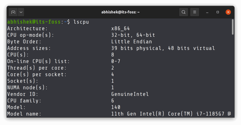 lscpu command output