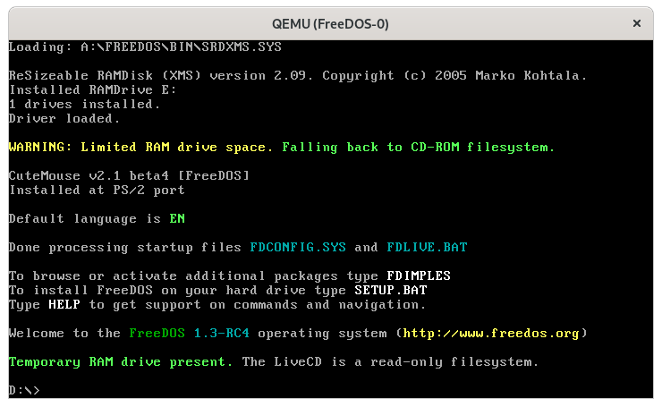 Booting the FreeDOS 1.3 RC4 LiveCD on QEMU