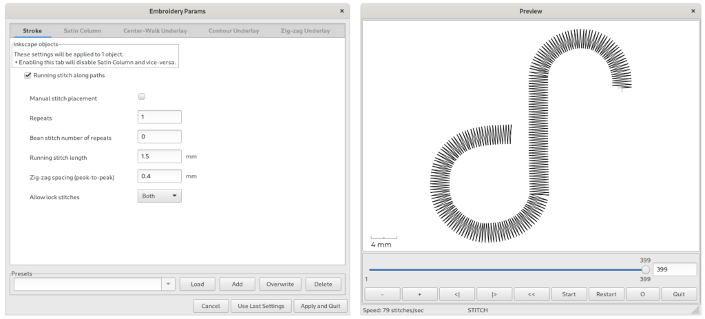 Parameter setting dialogue and on the right the Fedora logo shape embroidered as Zig-Zag line