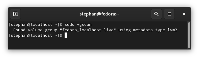 Checking LVM volume group by typing vgscan: