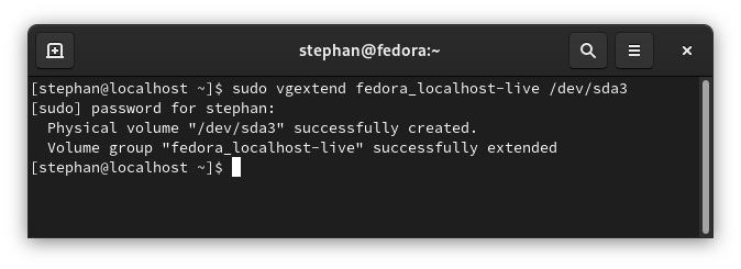 vgextend command output