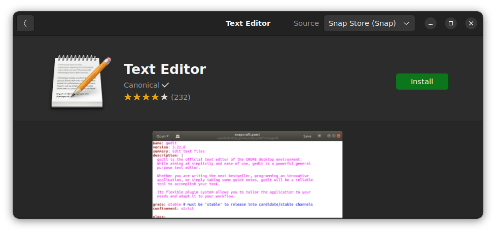 Gedit 也可以在 Ubuntu 的 Snap 商店中找到