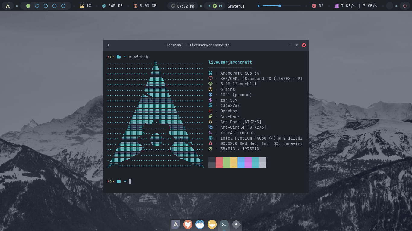 archcraft live media with neofetch open in terminal