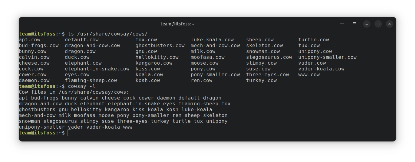 使用 "ls /usr/share/cowsay/cows/" 和 "cowsay -l" 列出的各种默认 cowsay 图像