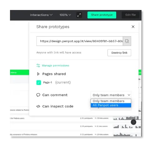 Creating a shareable link and editing permissions on Penpot.