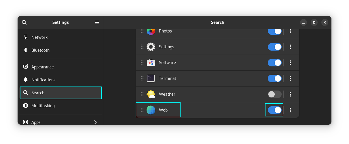 搜索设置中的 GNOME Web